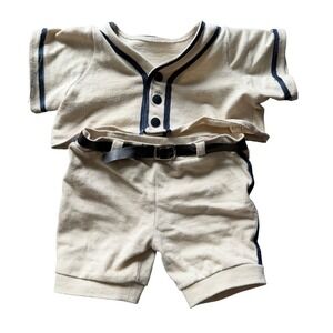 Vermont Teddy Bear Company Baseball Uniform Outfit Cream Navy Blue 2 Piece Set